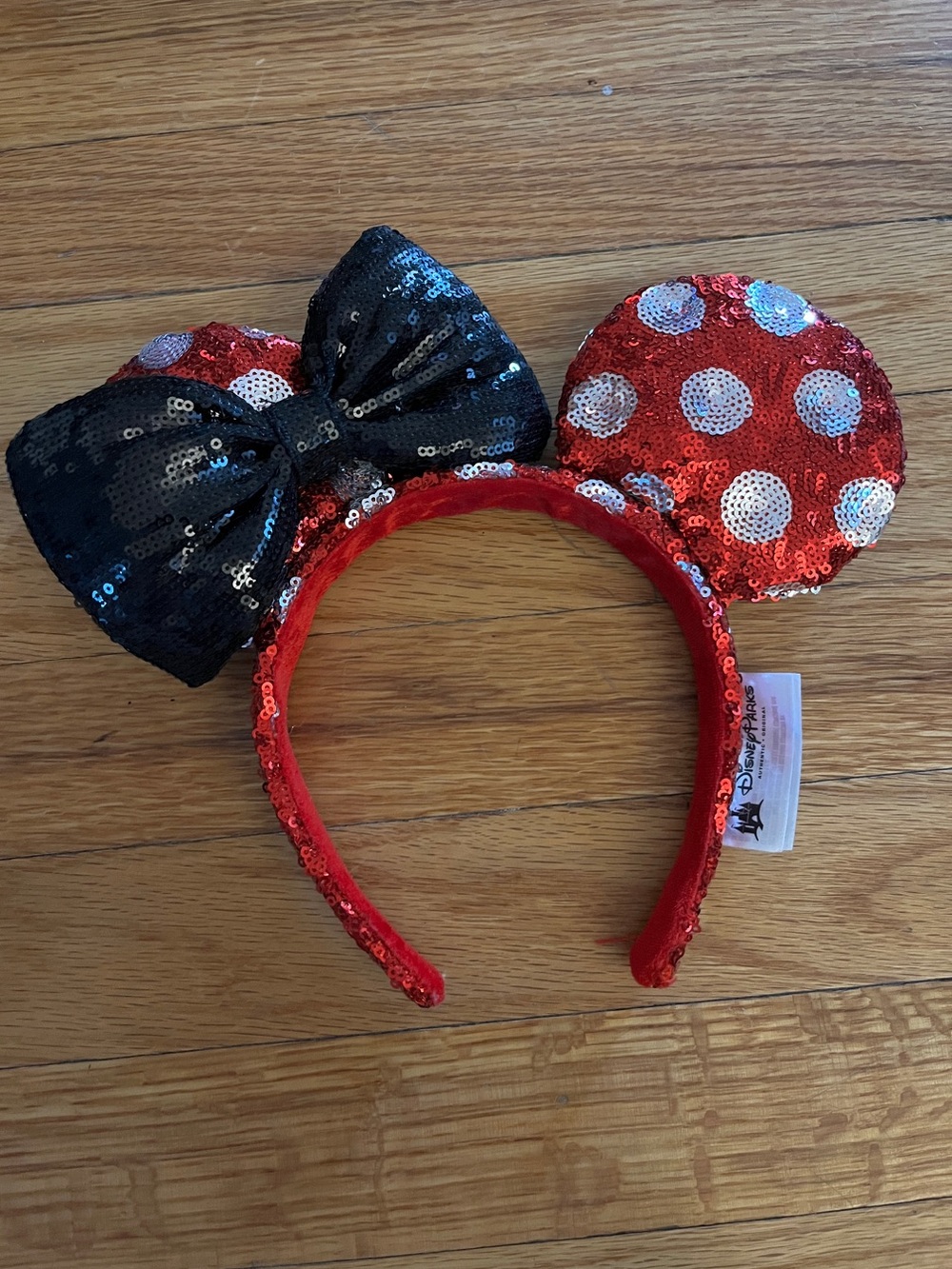 Disney Parks Minnie Mouse Red Silver Polka Dot Sequin Black Bow Ears Headband